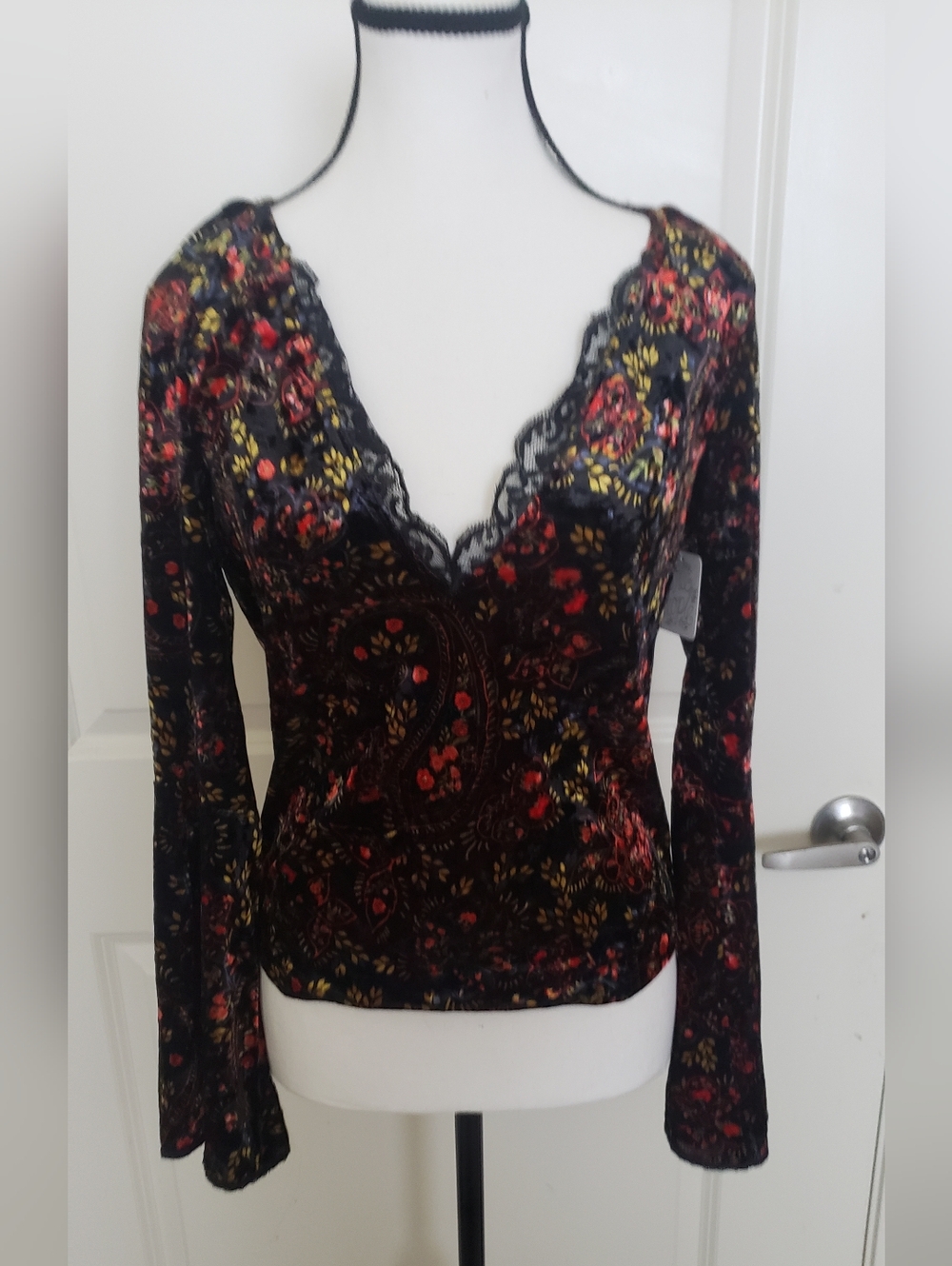 Free People Velour Floral Bell Sleeved V Neck